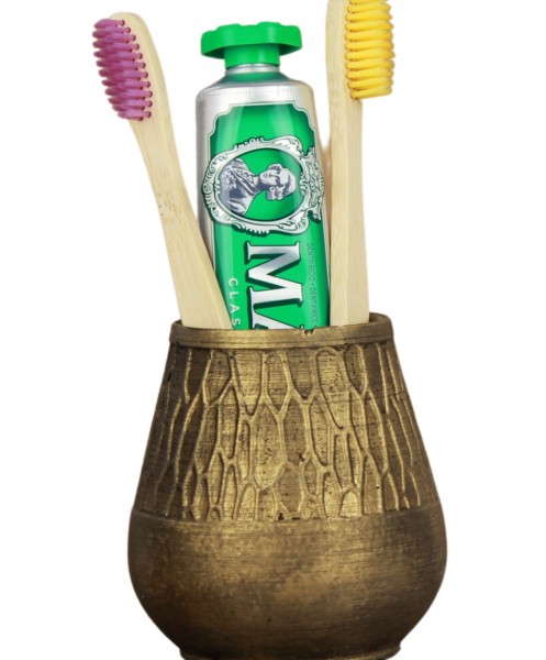 Diş Fırçalığı Tezgah Üstü Altın Eskitme Renk Diş Fırçası Standı Vazo Model